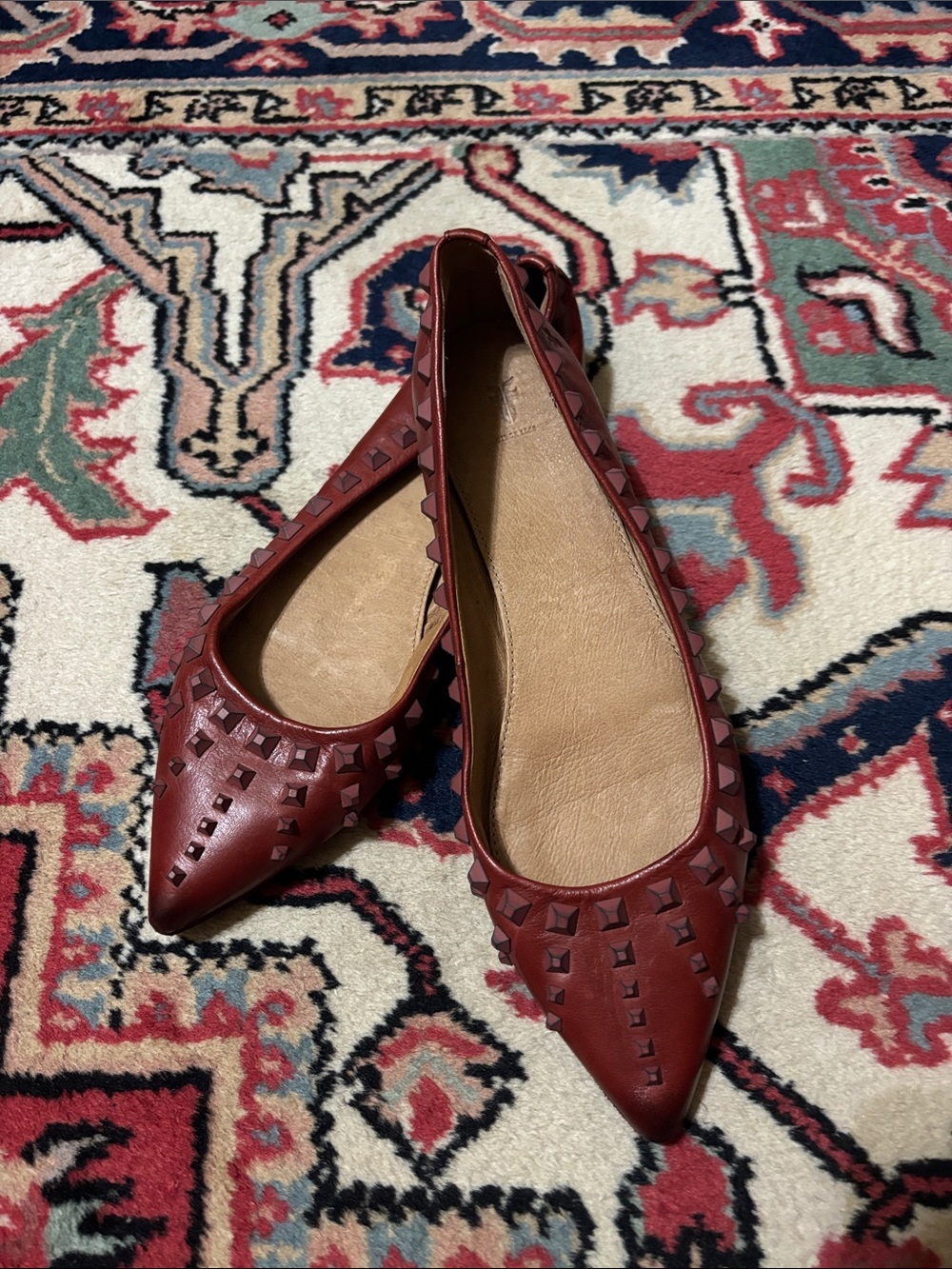 Frye Burgundy Studded Pointed Leather Flats - Picture 1 of 6